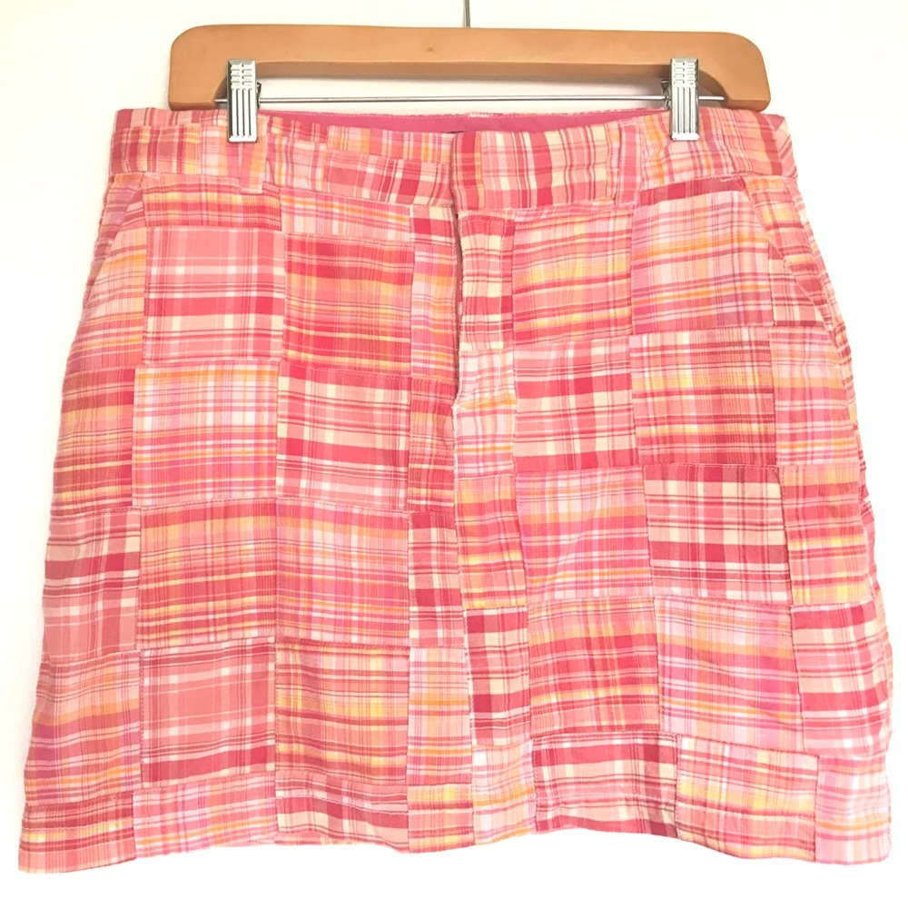 British Khaki Pink Plaid Cotton Skirt with Pockets size 6